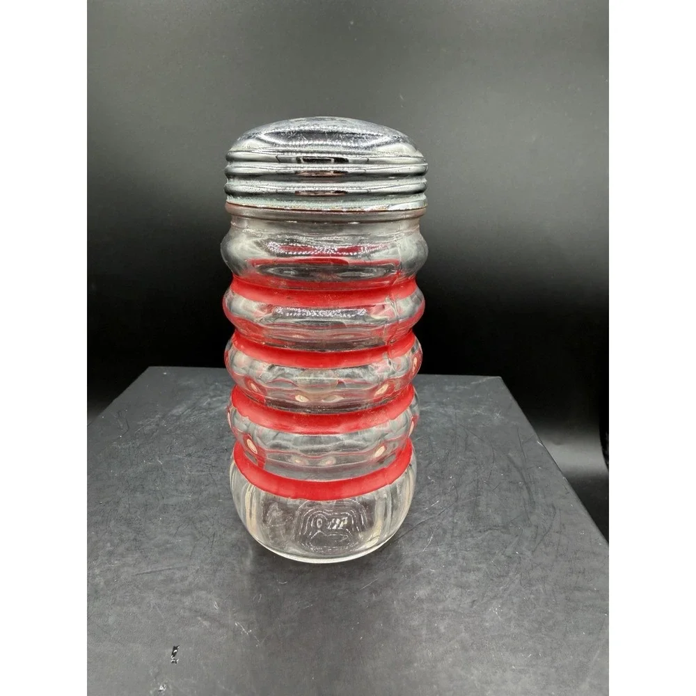 🍳✨ Vintage Hazel Atlas Stripe Kitchen Shaker – Clear Glass w/ Red Stripes ✨🍳